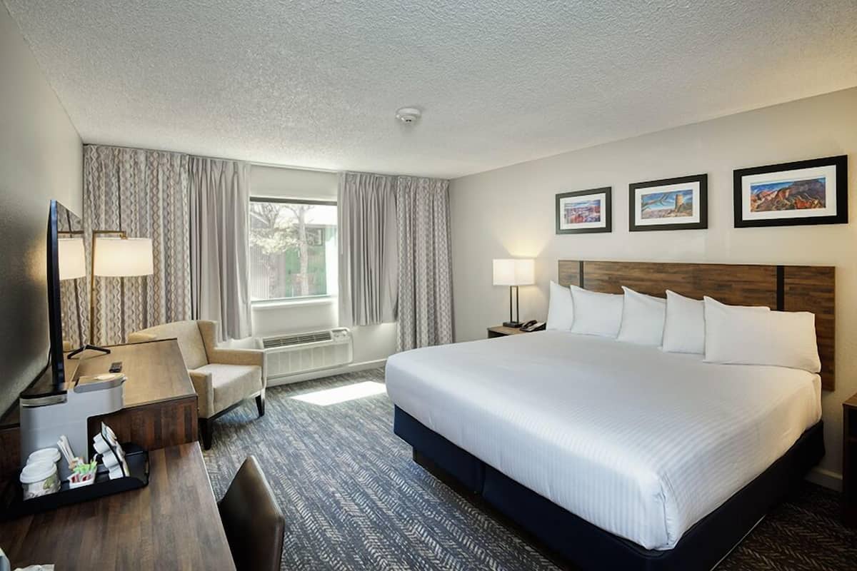 Habitación de hotel con una cama grande, un escritorio con silla, televisor y ventana con cortinas.