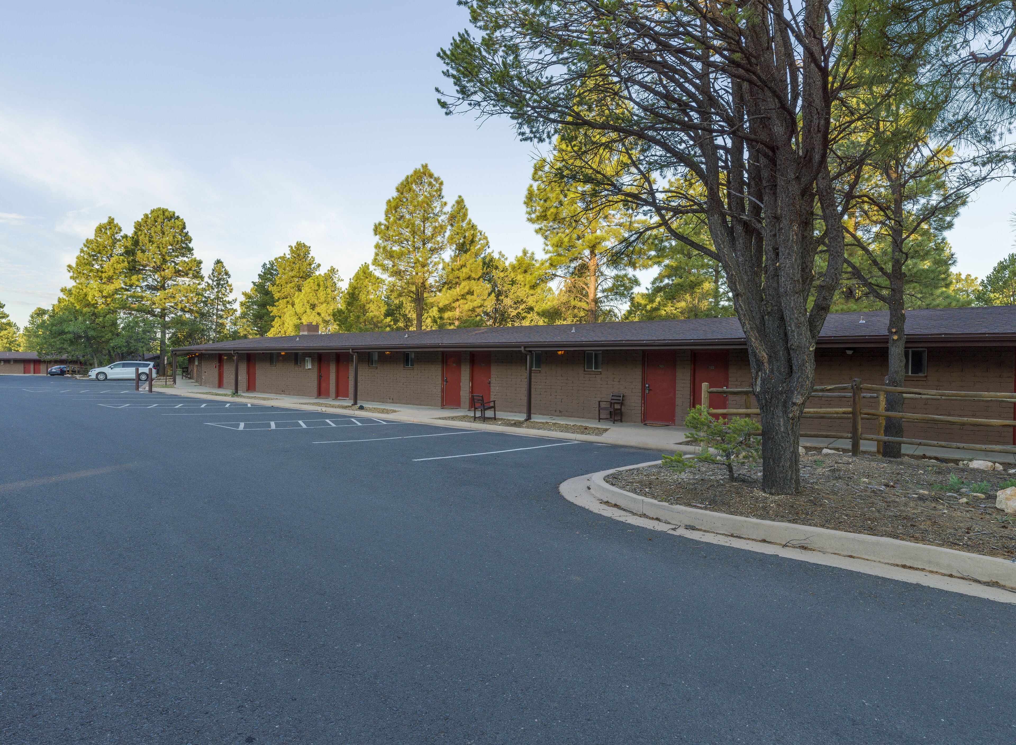 Un motel con una fila de habitaciones, un estacionamiento y una calle bordeada de árboles.