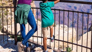 Una mujer y un niño de pie en una barandilla con vistas a un cañón.