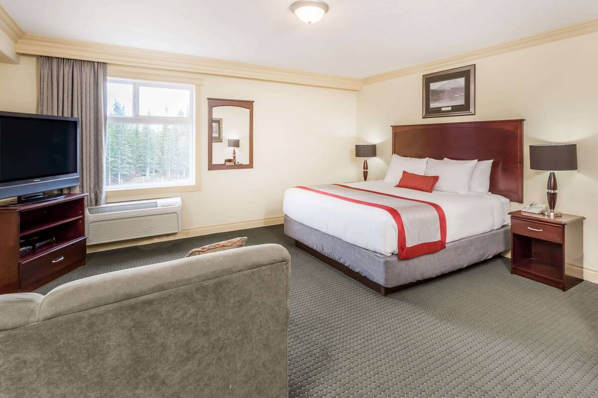A hotel room with a large bed, a flat-screen TV, a desk, and a window with a view of trees.