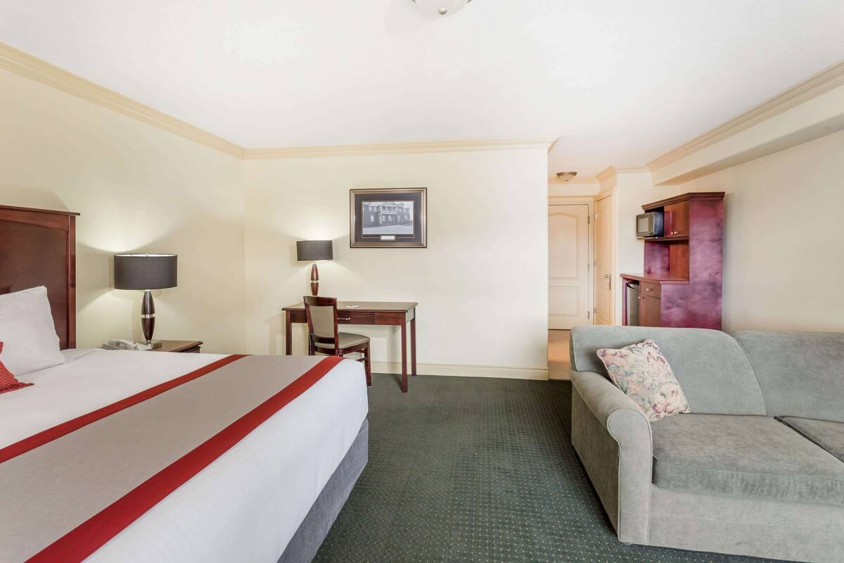 A hotel room with a bed, a desk, a chair, a sofa, and a television.
