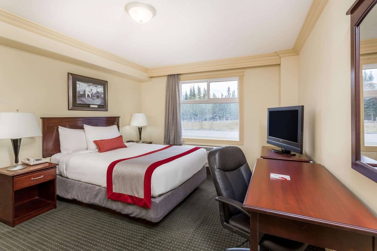 A hotel room with a bed, bedside lamps, a desk with a computer, a TV, and a window with a view of trees.