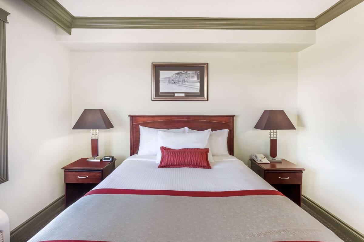 A neatly made bed with a red pillow and a wooden headboard, flanked by two bedside tables with lamps and a framed picture above.