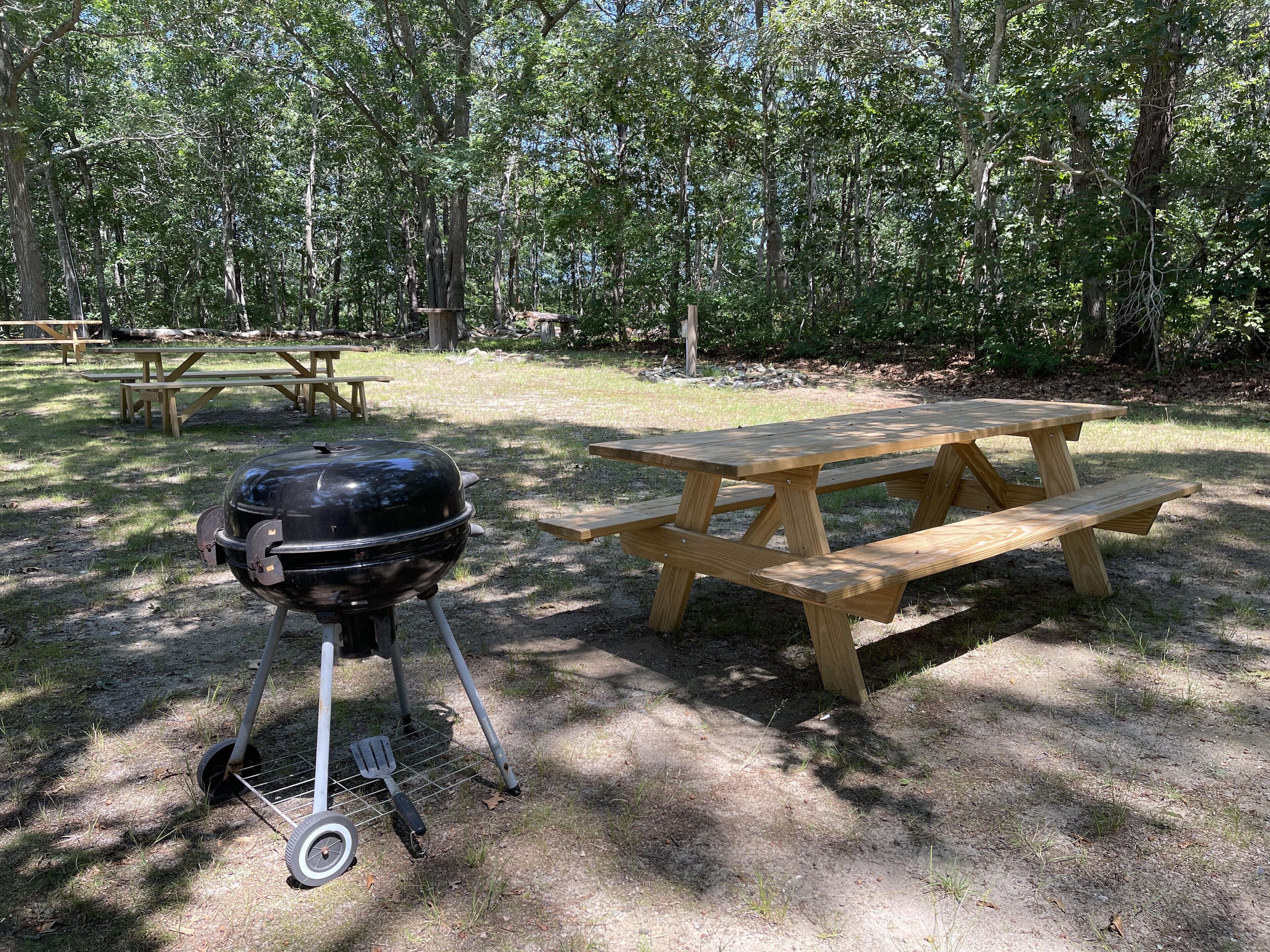 Piknikalue, jossa on grilli ja puiset piknikpöydät.