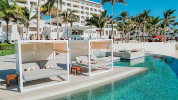 3 outdoor pools, open 8:00 AM to 8:00 PM, cabanas (surcharge)