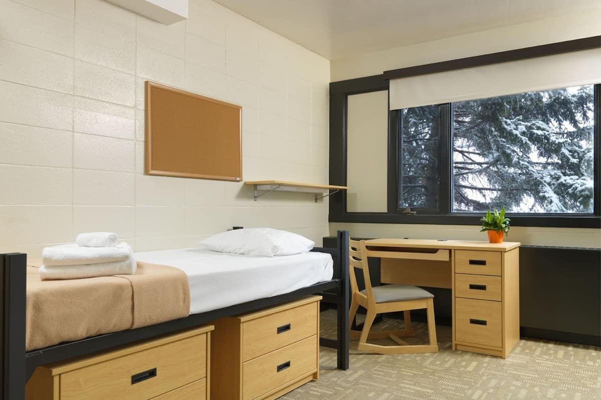 A bedroom with a bed, a desk, a chair, a small shelf, and a window with a view of snow-covered trees.
