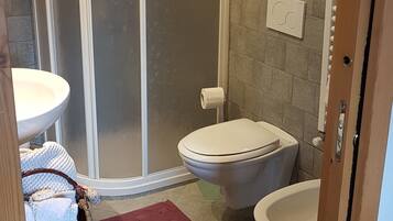 Een badkamer met douchecabine, twee toiletten, een wastafel en een rode vloerkleed.