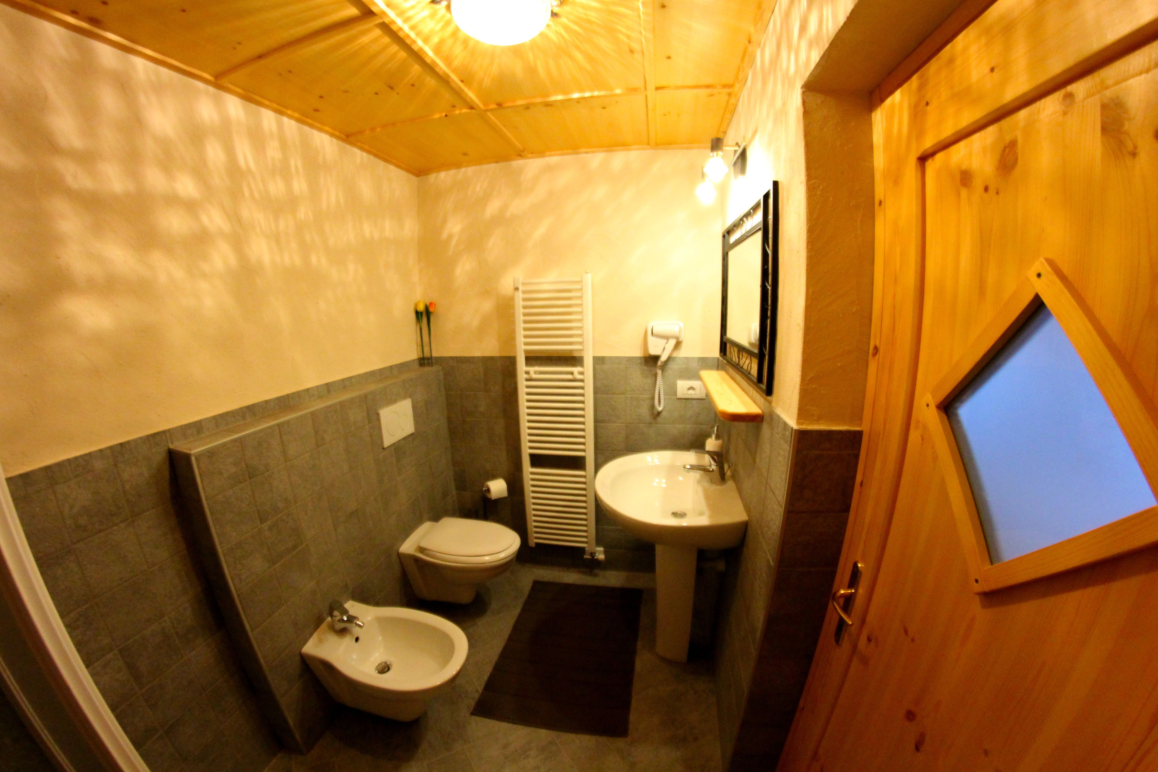 A compact bathroom with a toilet, bidet, sink, and a wooden door with a window.