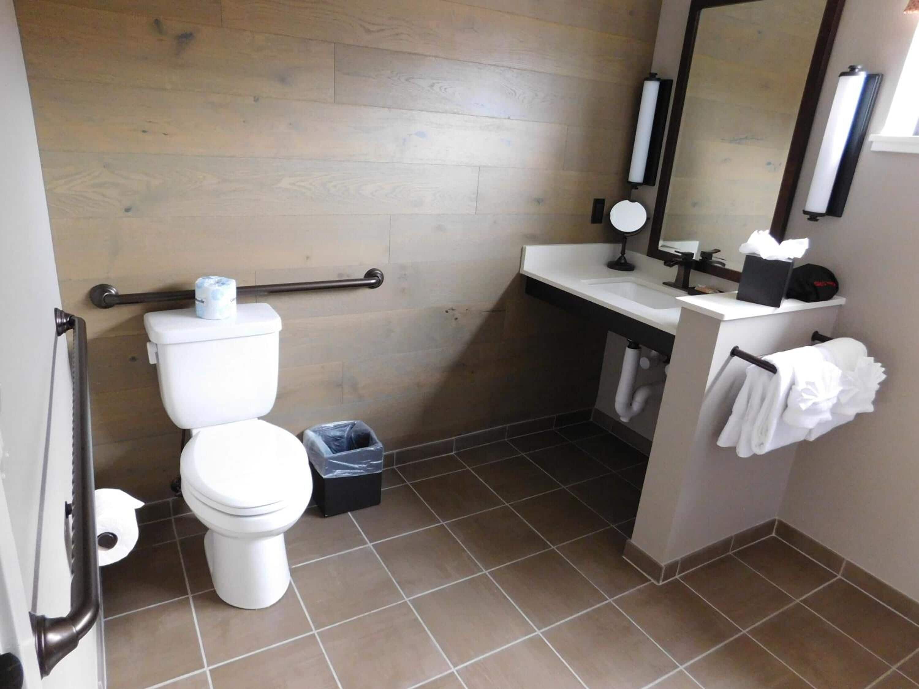 A compact bathroom with a toilet, a sink, a mirror, and a towel rack.