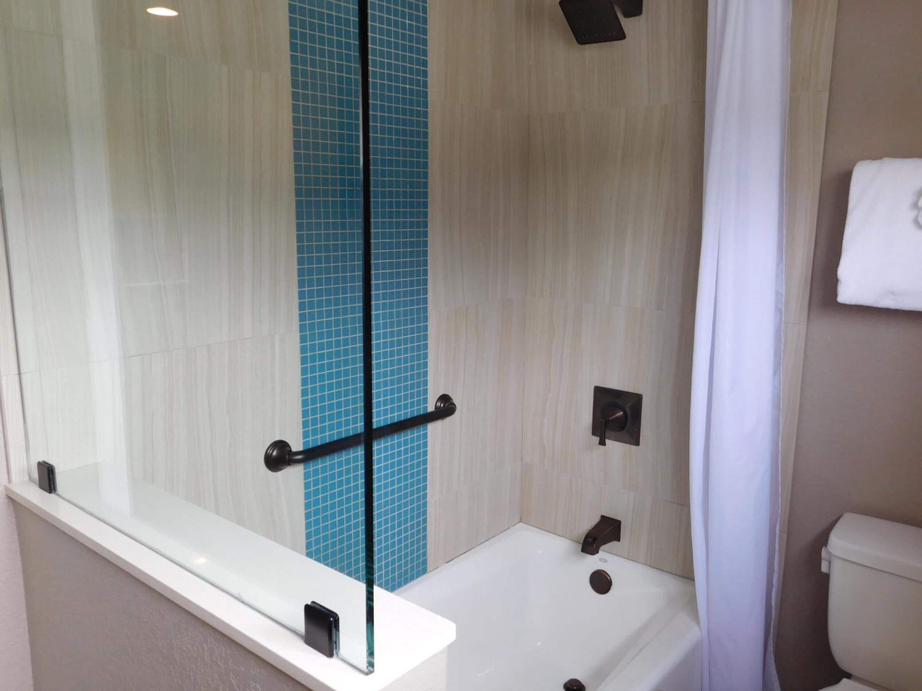 Shower, free toiletries, hair dryer, towels