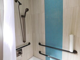 Un espacio de ducha con cabezal de ducha de mano, un perchero y un dispensador de papel higiénico.