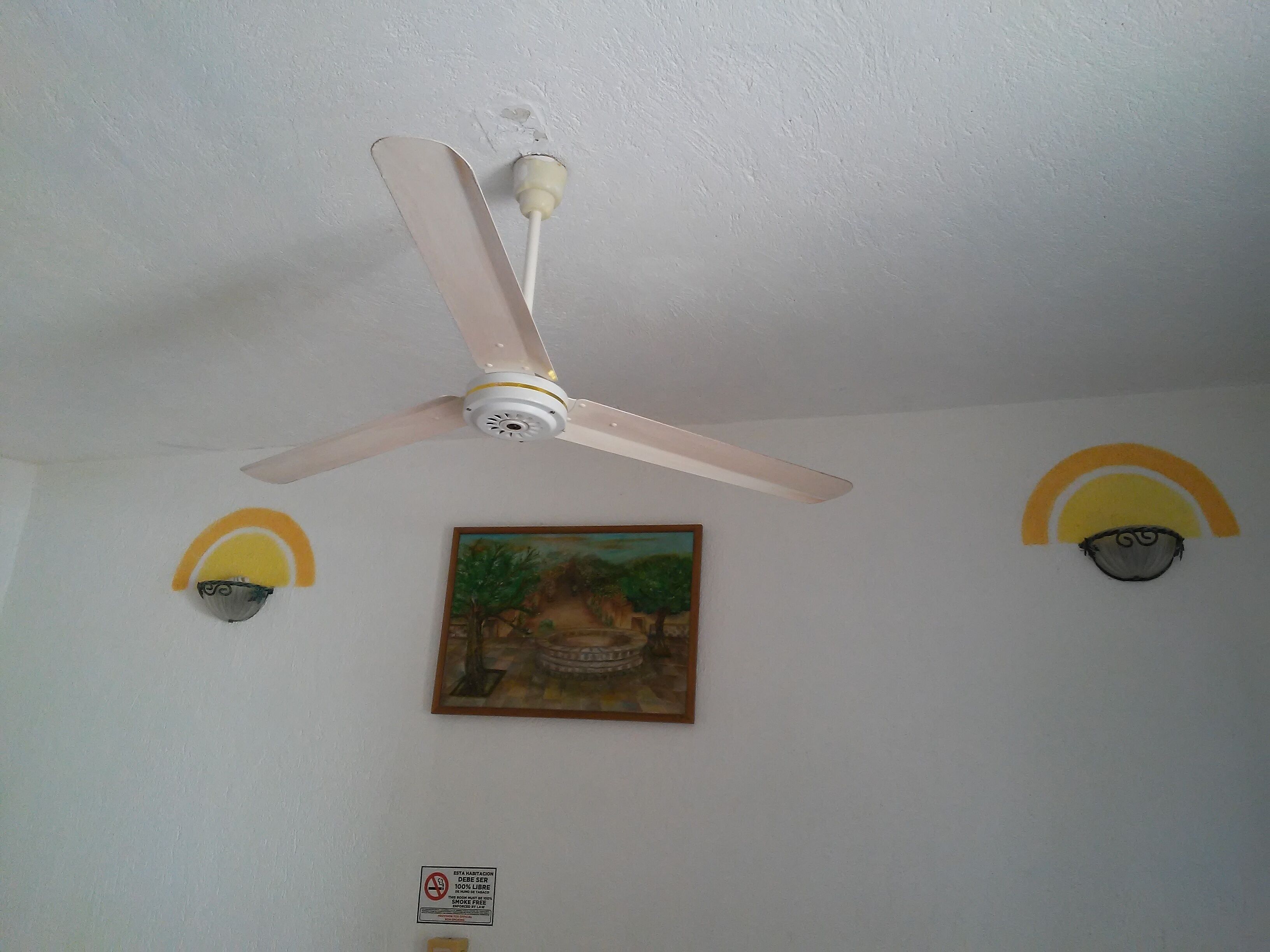 Ventilador de sostre amb tres pales i una lluminària, un quadre amb marc a la paret, i dues lluminàries murals amb motius de sol.