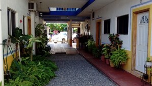 A hallway with potted plants, a red carpet, and a white door. - Hotel Sarabi Barra de Navidad (Barra de Navidad)