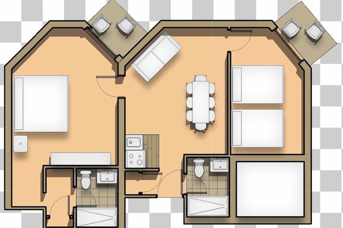 A floor plan of a hotel room with a bathroom, a dining area, and a kitchenette.