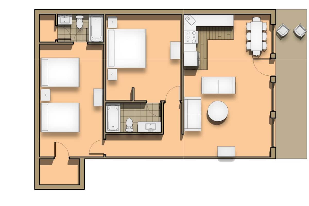 Un plan d’aménagement de chambre d’hôtel comprenant un lit, deux salles de bain, un coin cuisine et une table à manger.
