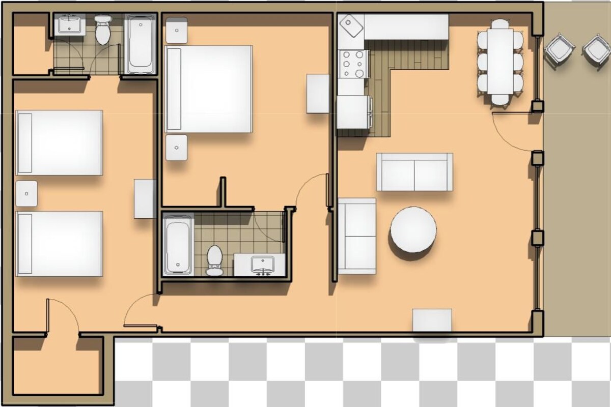 A hotel room layout with a bed, two bathrooms, a kitchen area, and a dining table.