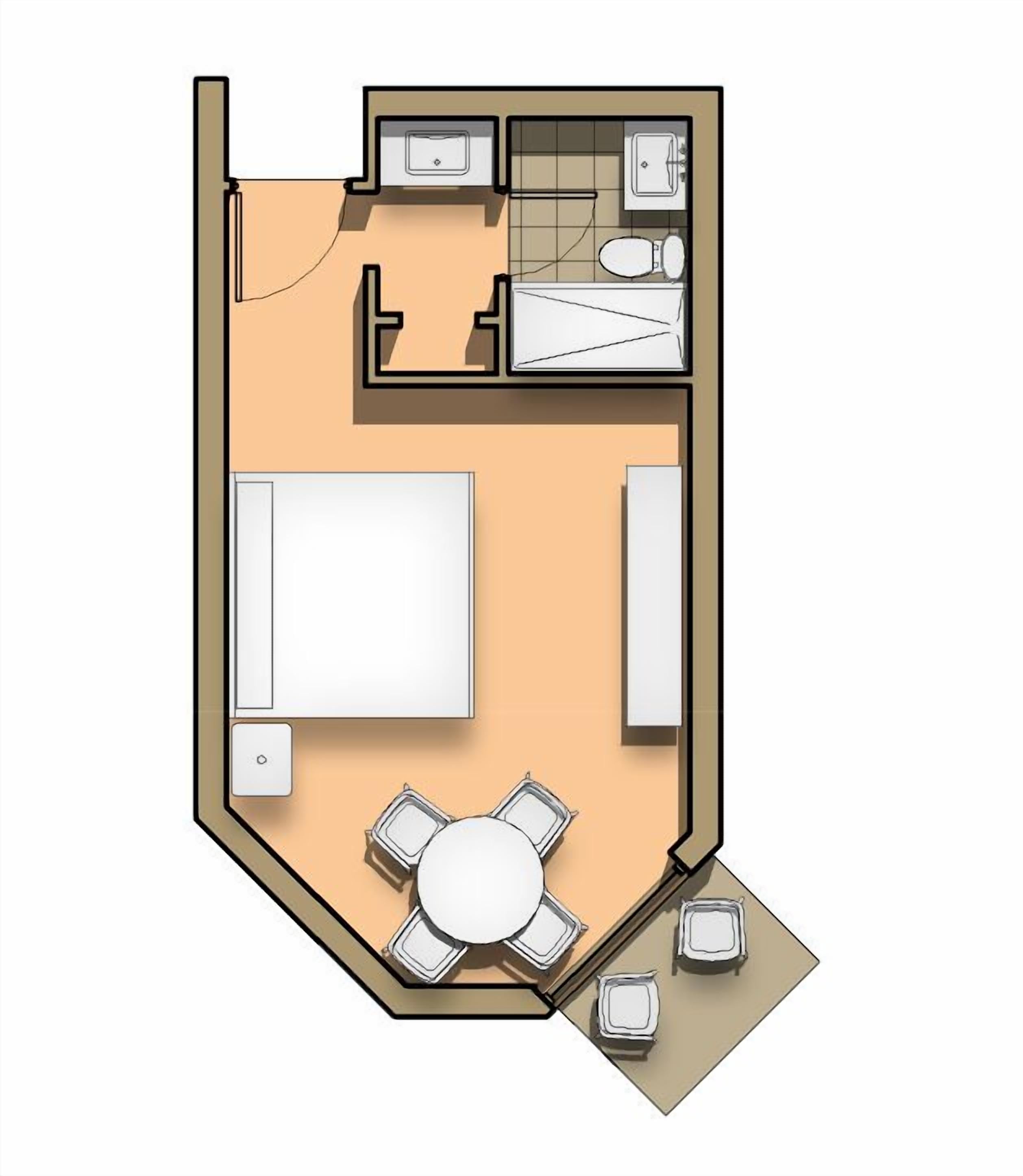 A floor plan of a hotel room with a bed, a small bathroom, a dining table with four chairs, and a small seating area with two chairs.