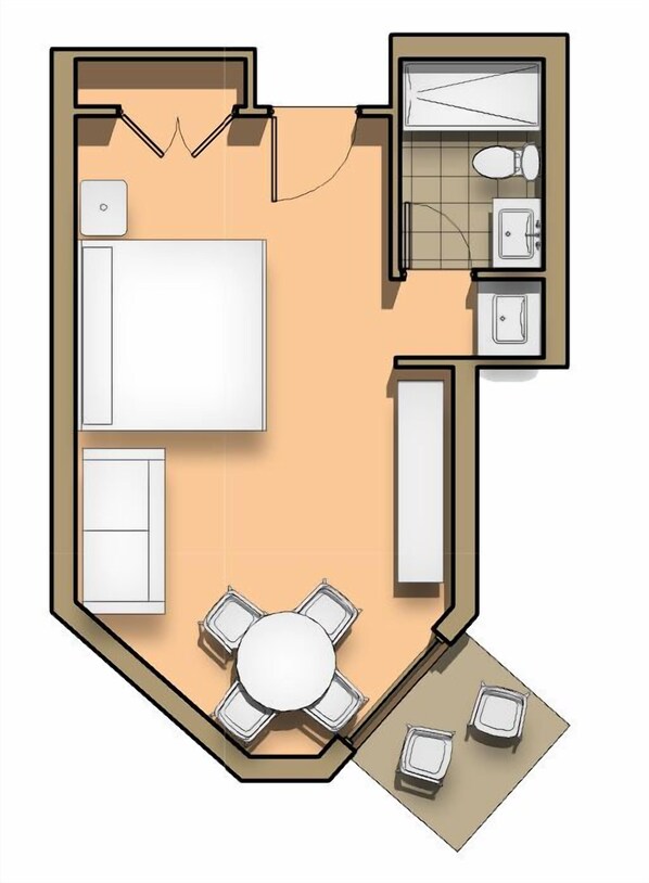 Distribución de una habitación de hotel con una cama, un escritorio, una silla, una mesita y un sofá.