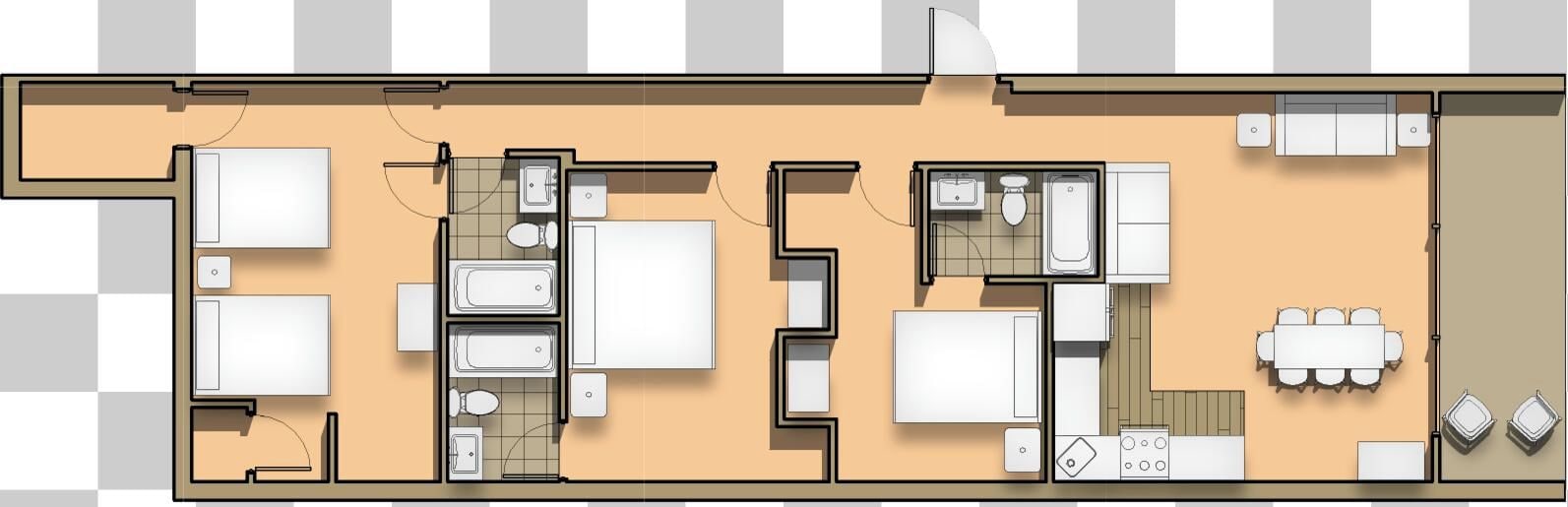 En planritning över ett hotellrum med flera sovrum, ett kök, en matplats och ett badrum.