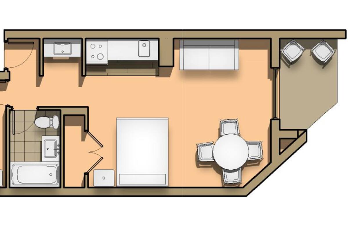 Un appartement de deux chambres comprenant une cuisine, un coin repas et un petit balcon.
