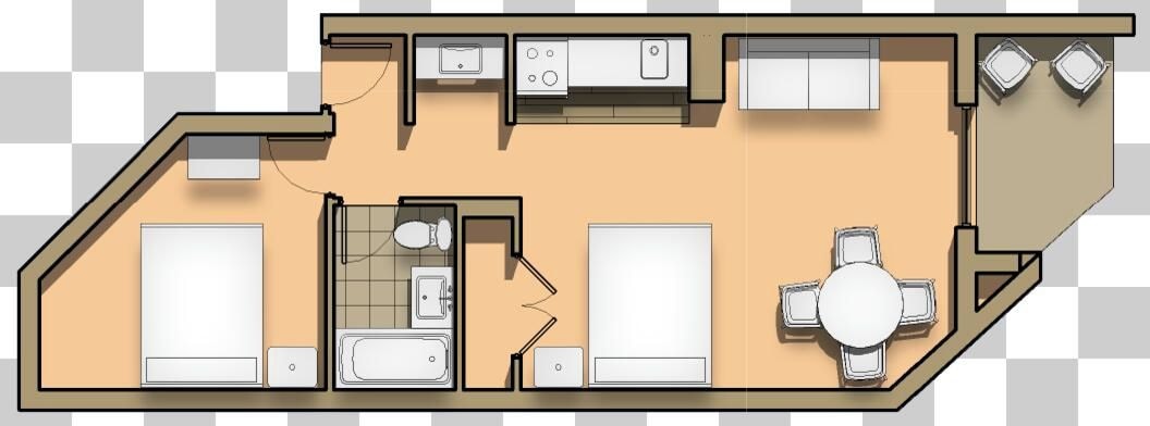 Disposição de quarto de hotel, incluindo cama, banheiro, cozinha e mesa de jantar.