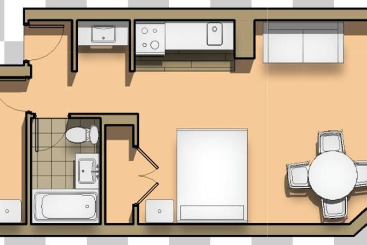 A 2-bedroom apartment layout with a kitchen, dining area, and a small balcony.