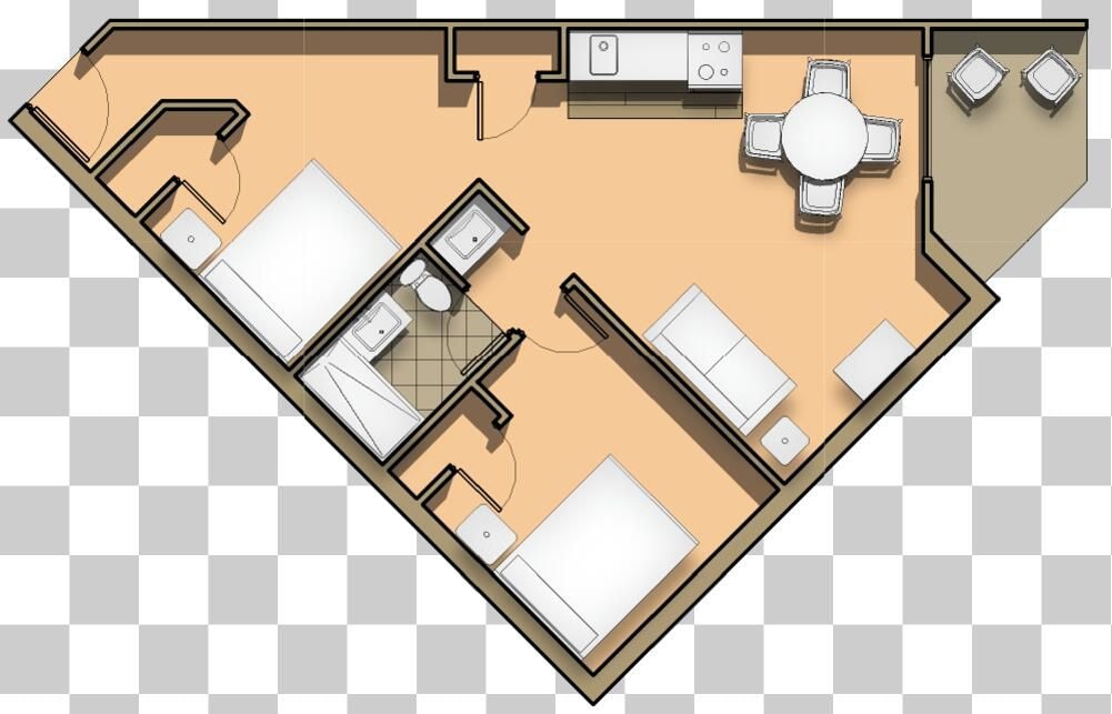 Un plan d’aménagement de chambre d’hôtel comprenant un lit, un bureau, une chaise, une petite table et une kitchenette.