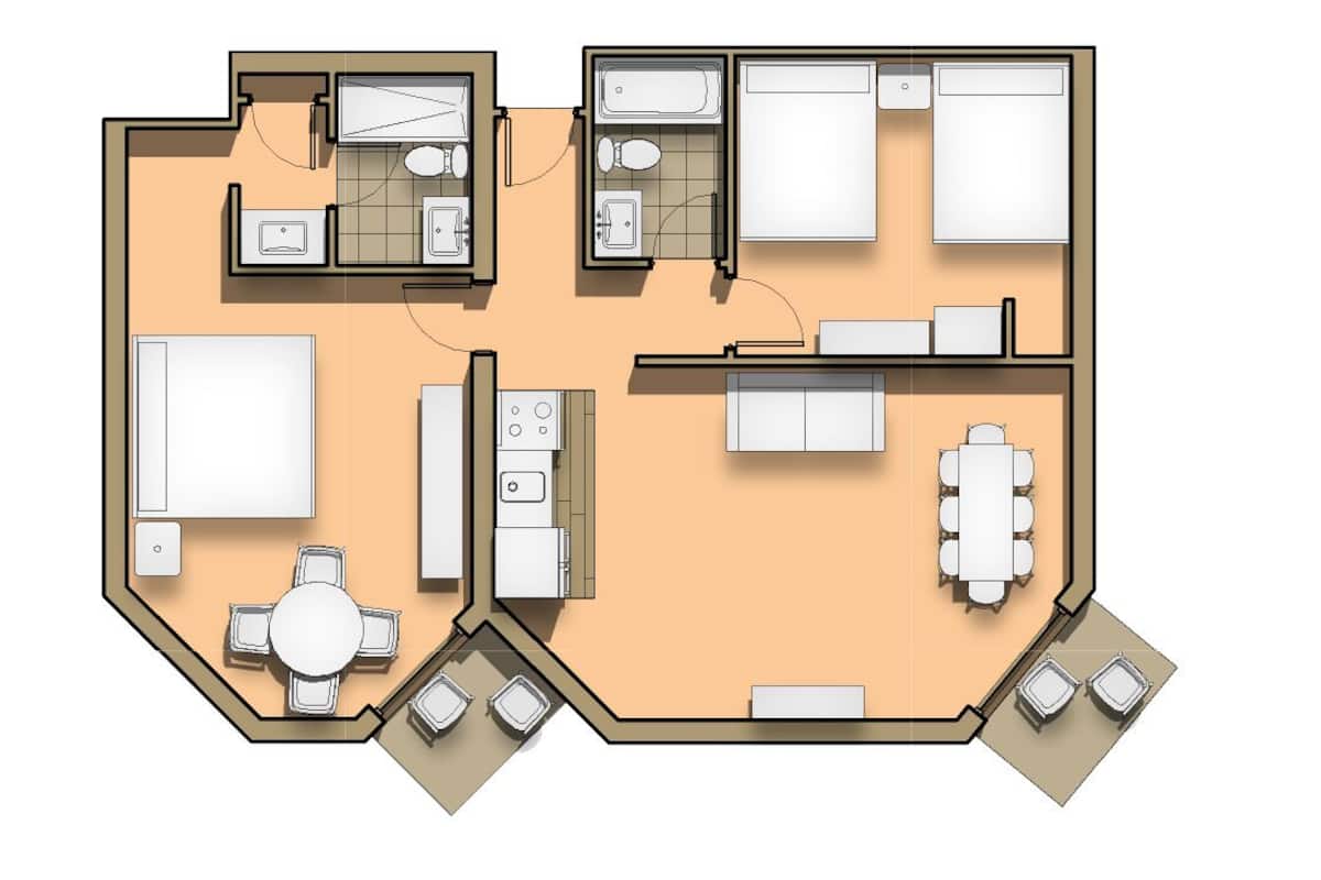 Un plan d’étage d’une chambre d’hôtel comprenant un coin cuisine, une salle de bain, un coin repas et un espace détente avec deux chaises et une table.