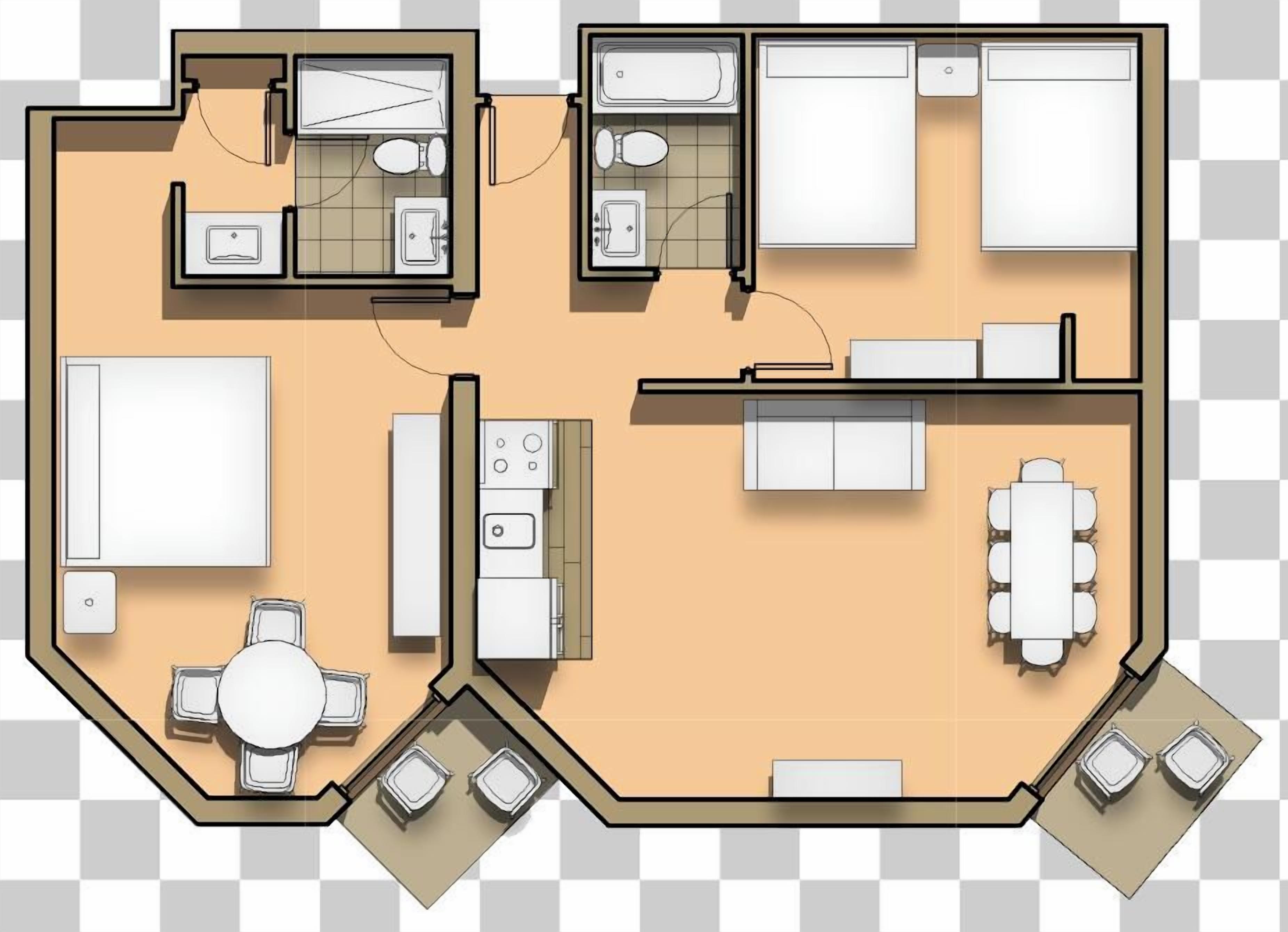 Un plan d’aménagement de chambre d’hôtel comprenant une salle de bain, une kitchenette, un coin repas et un grand lit.
