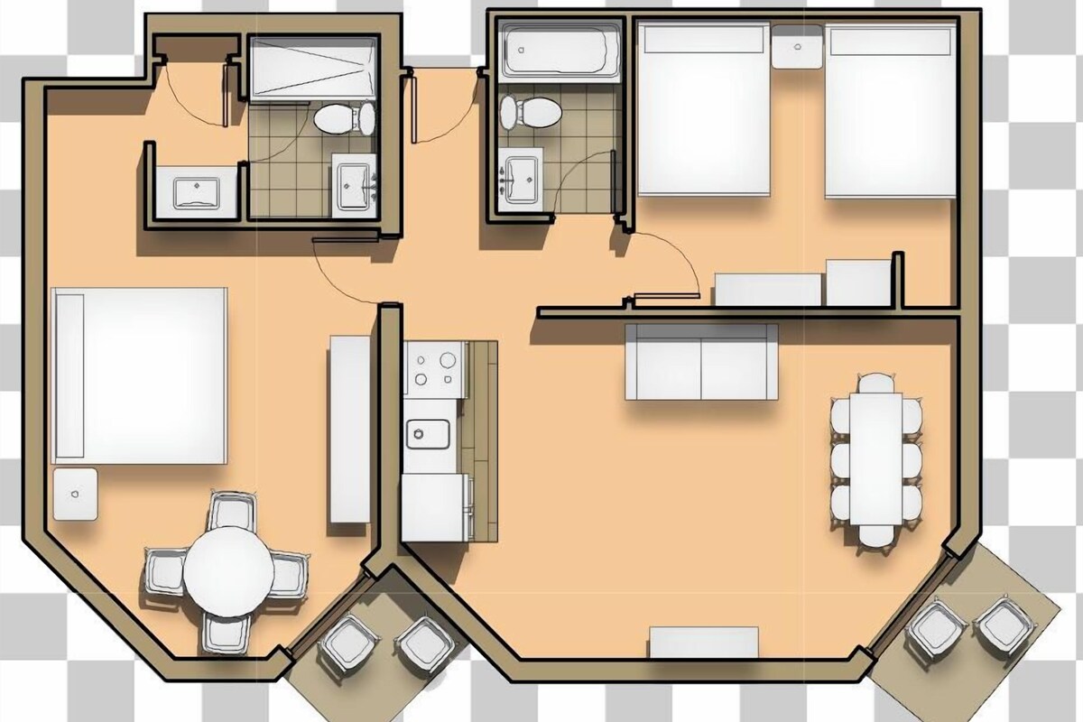 A floor plan of a hotel room with a kitchenette, a bathroom, a dining area, and a seating area with two chairs and a table.