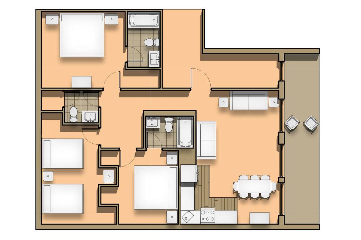 Un plan d’étage d’une chambre d’hôtel comprenant une salle de bain, un coin cuisine, un espace repas et un espace de vie.