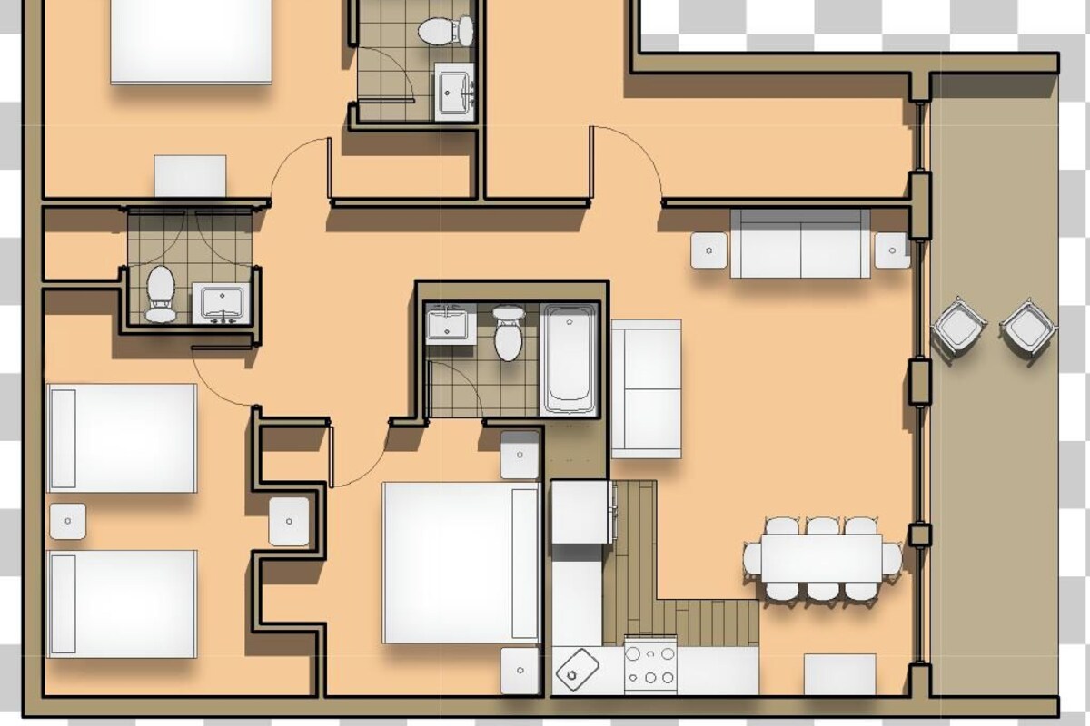 A floor plan of a hotel room with a bathroom, a kitchenette, a dining area, and a living space.