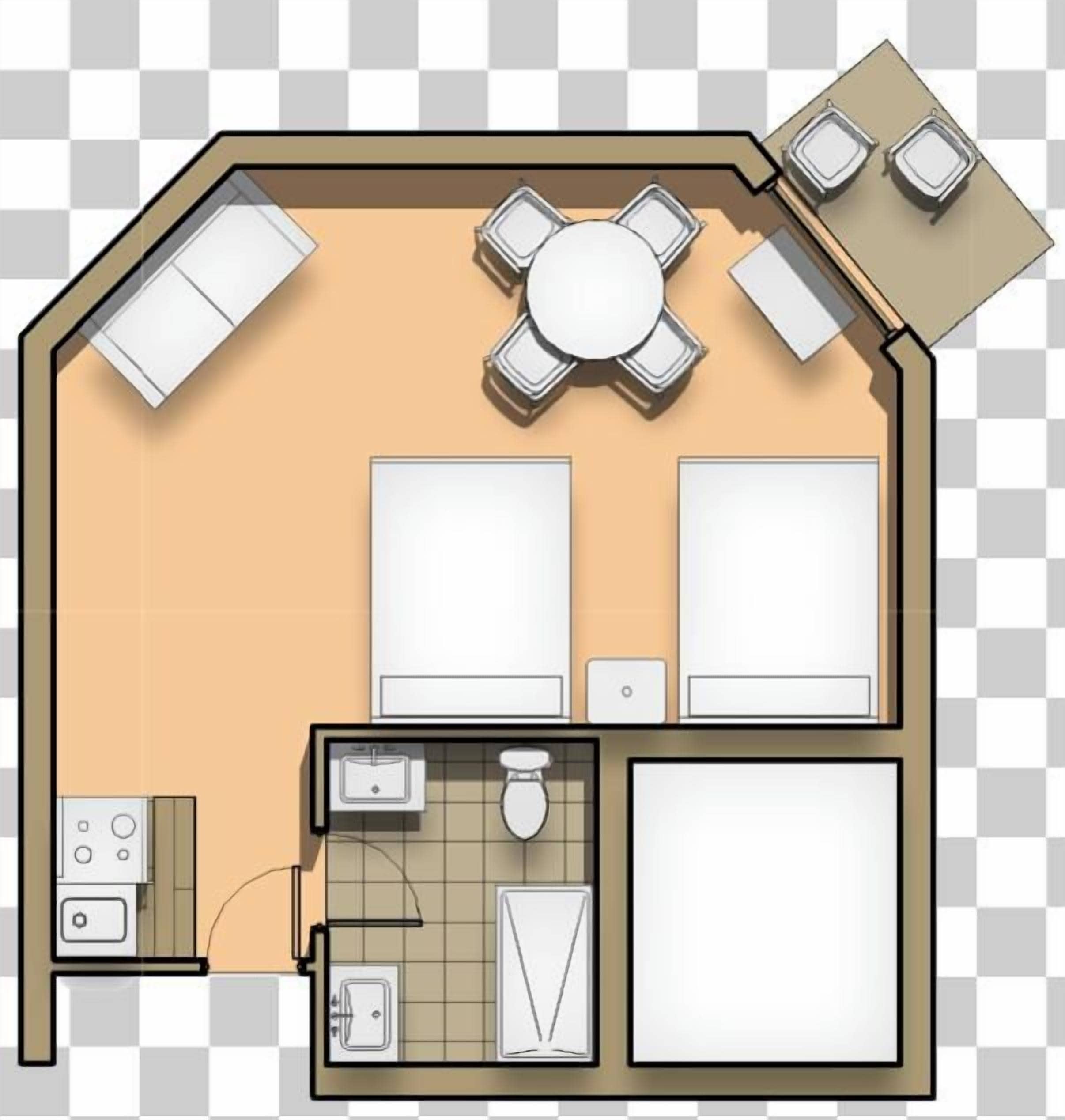 A hotel room layout with a bed, a bathroom, a small kitchenette, and a dining area with a table and chairs.