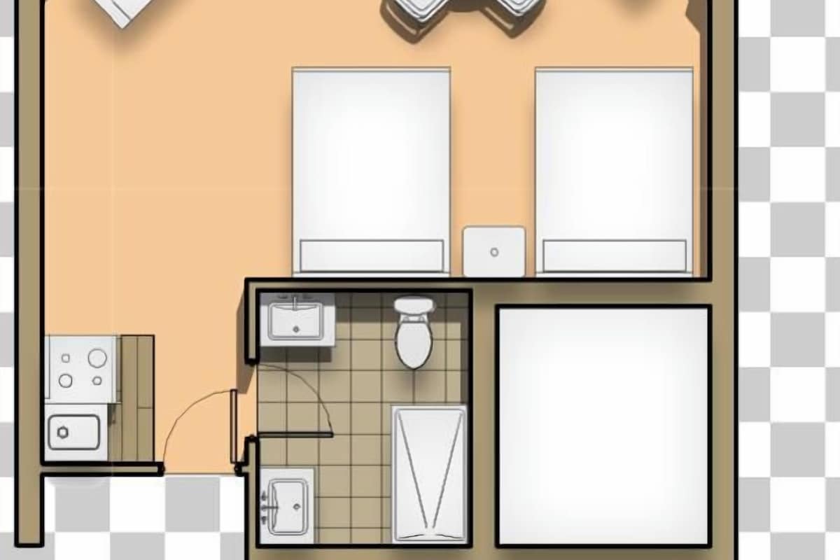 A 2-bedroom apartment layout with a kitchen, dining area, and a small balcony.