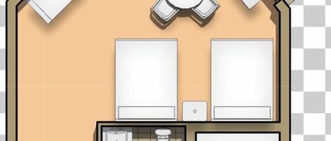 A hotel room layout with a bed, a bathroom, a small kitchenette, and a dining area with a table and chairs.