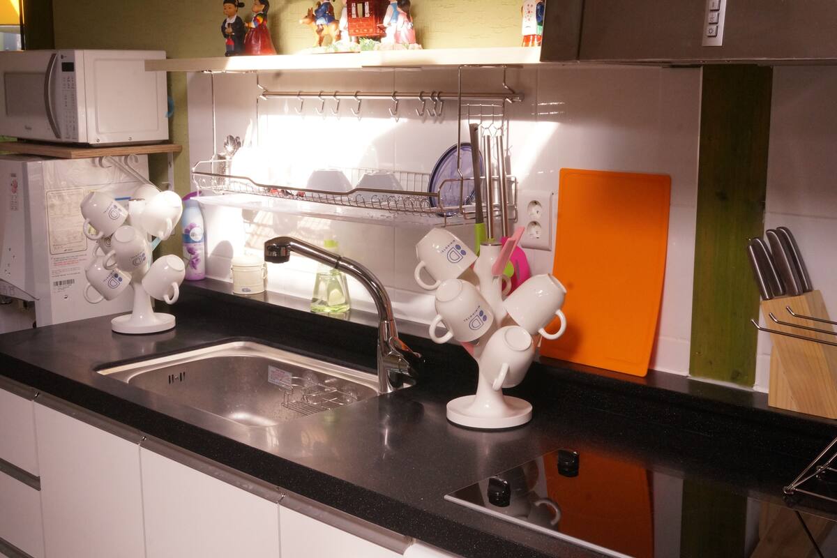Fridge, microwave (on request), electric kettle