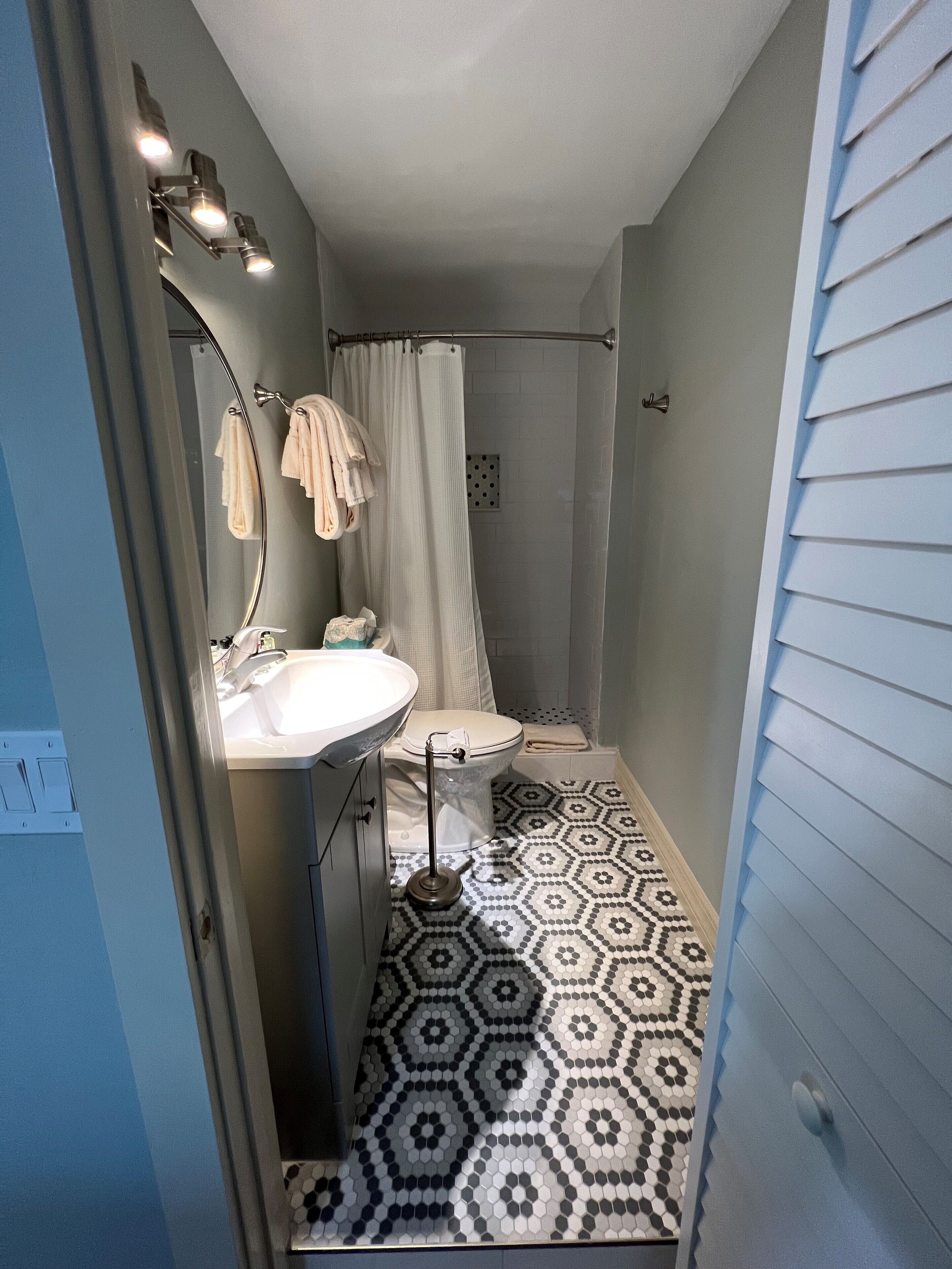 deluxe studio, 1 king bed, kitchen (seashell i) | bathroom | shower, free toiletries, hair dryer, towels