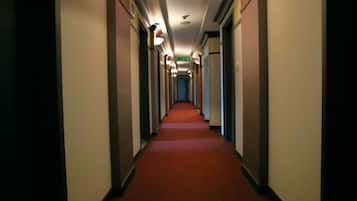 A long, narrow hallway with a red carpet, walls with light fixtures, and doors on both sides.