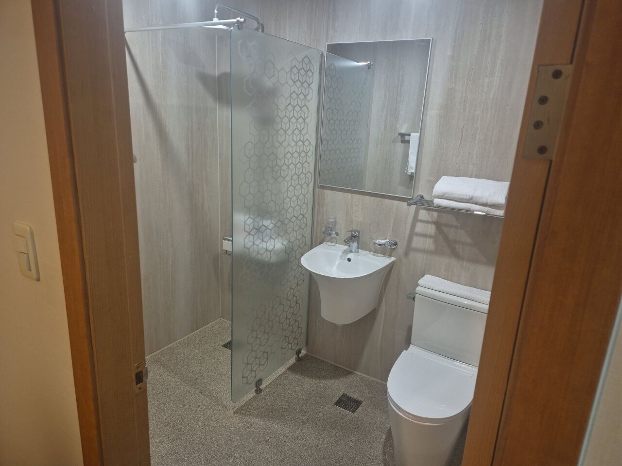 Et lille badeværelse med et glas brusekabine, et konsolbord med vask og et toilet.
