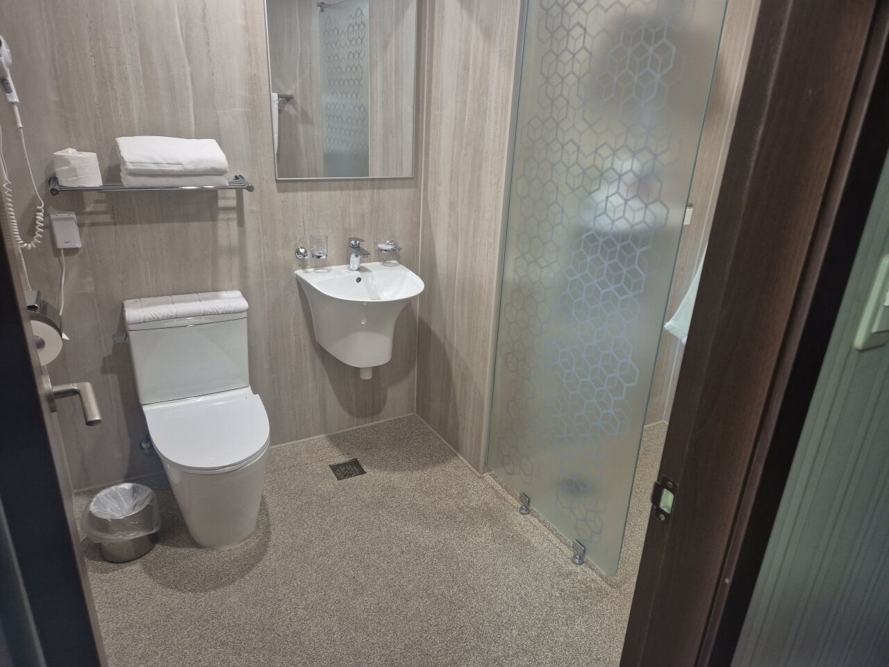 A bathroom with a toilet, sink, and shower.