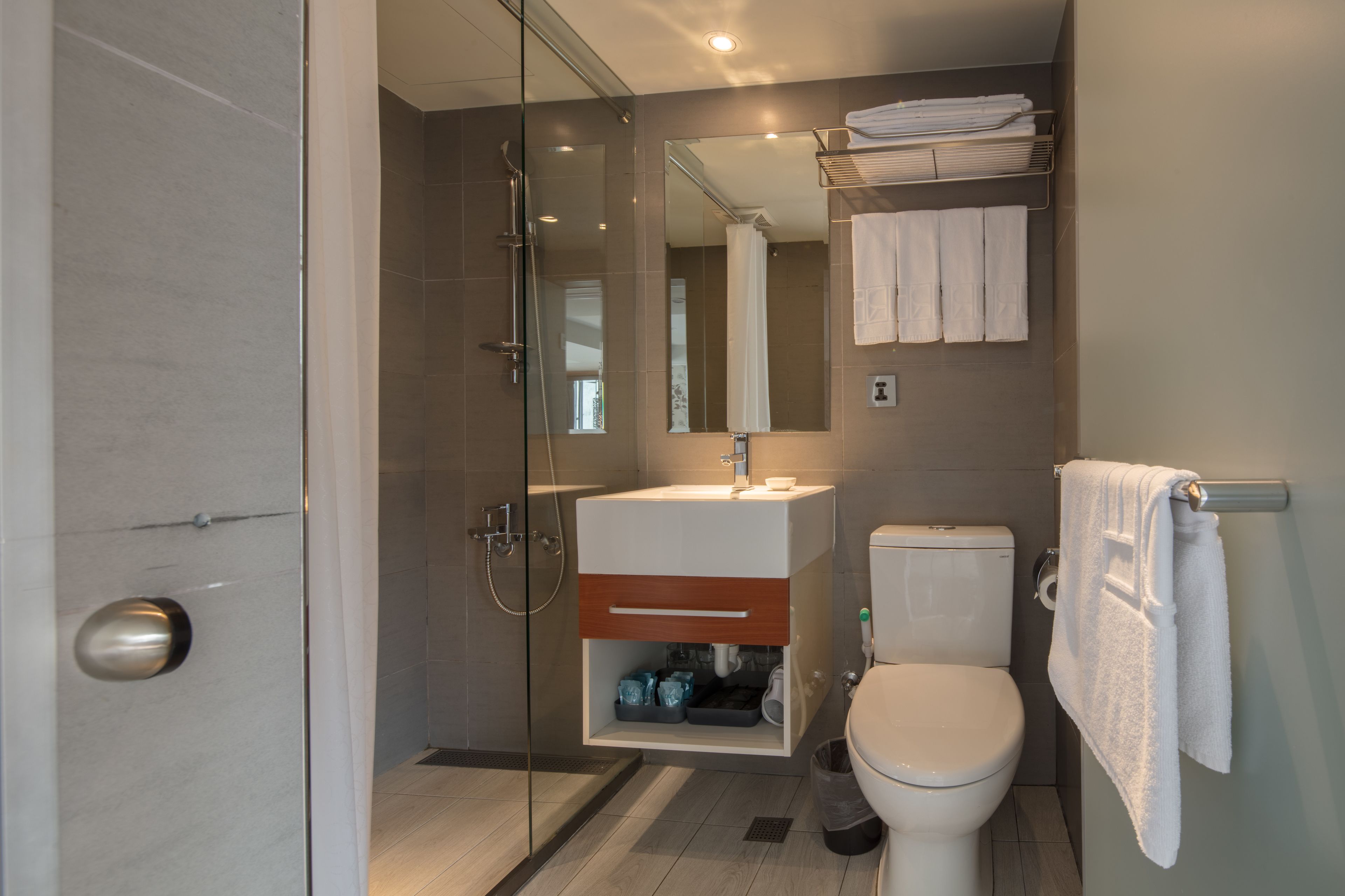 free toiletries, hair dryer, slippers, towels