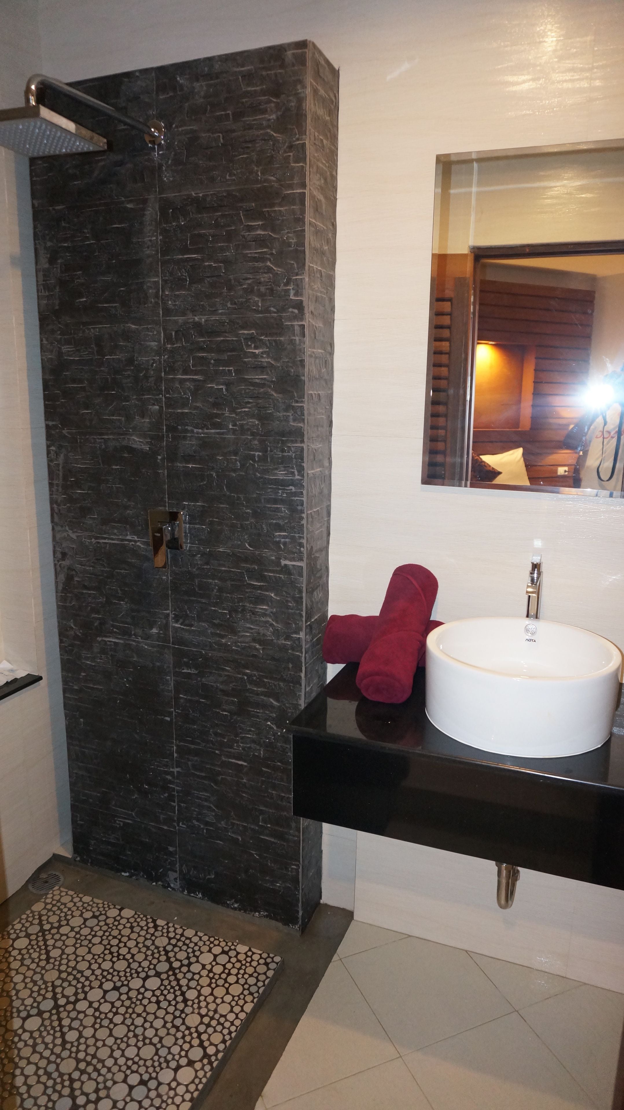 deluxe double room | bathroom | shower, rainfall showerhead, free toiletries, hair dryer