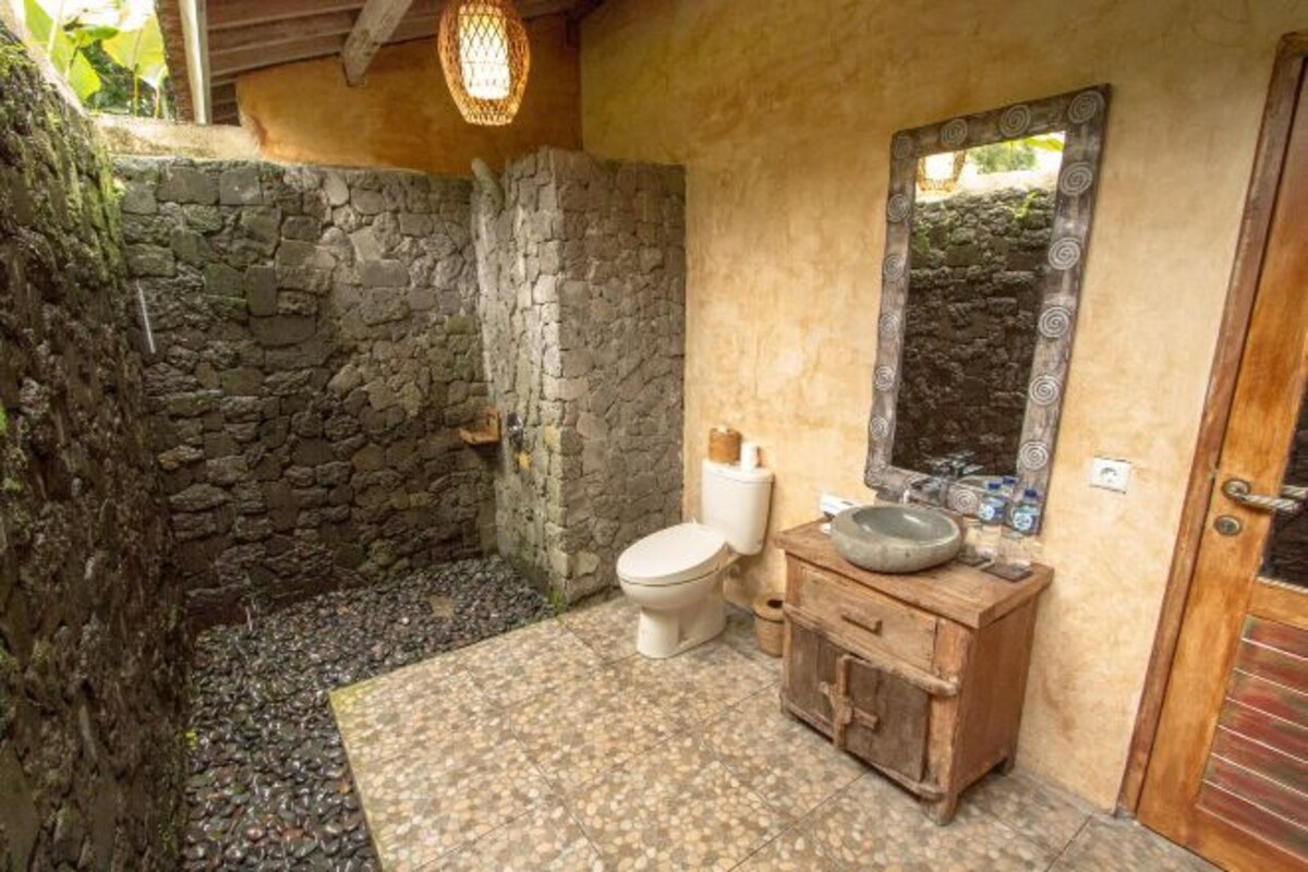 A rustic bathroom with a stone wall, a wooden cabinet, a sink, and a toilet.