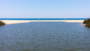 A beach with calm water, clear skies, and a few people in the distance. - Monte dos Avós Apartamentos, Albufeira (Albufeira)