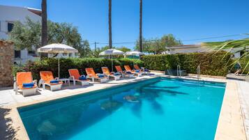 2 outdoor pools, open 8 AM to 10 PM, pool umbrellas, pool loungers