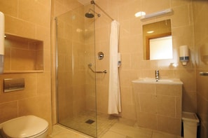 Shower, free toiletries, hair dryer, towels