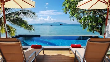 Outdoor pool, pool umbrellas, pool loungers