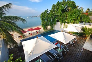 Outdoor pool, pool umbrellas, pool loungers