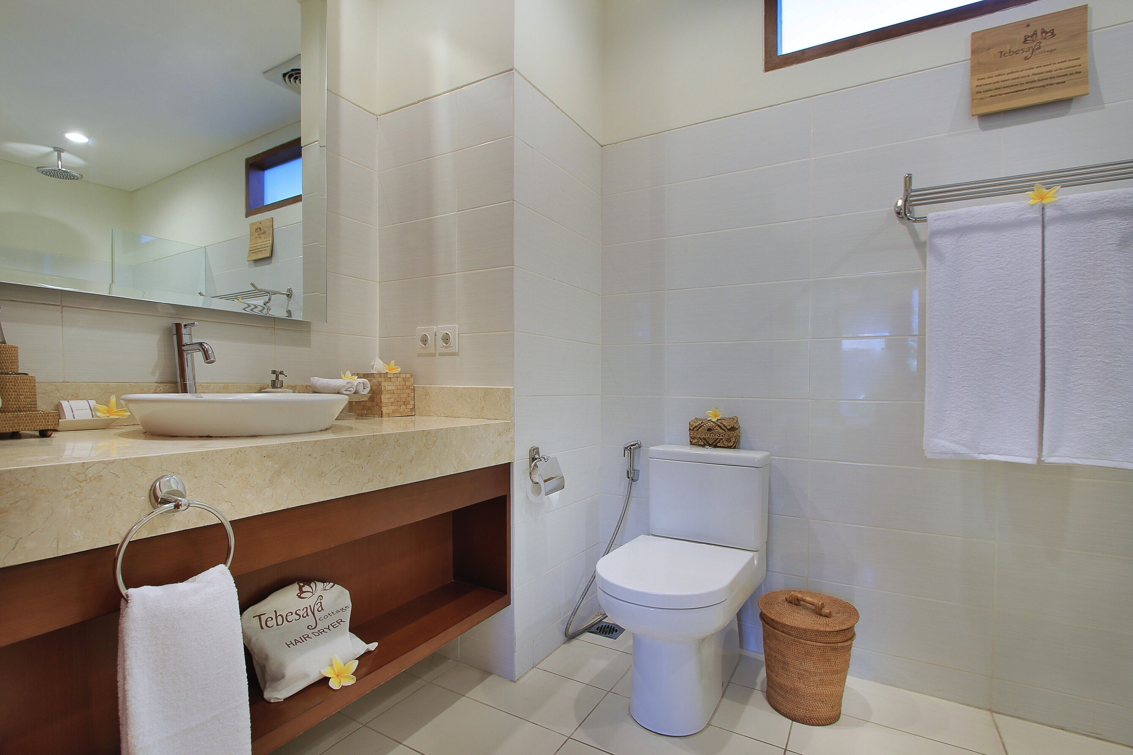 free toiletries, hair dryer, slippers, towels