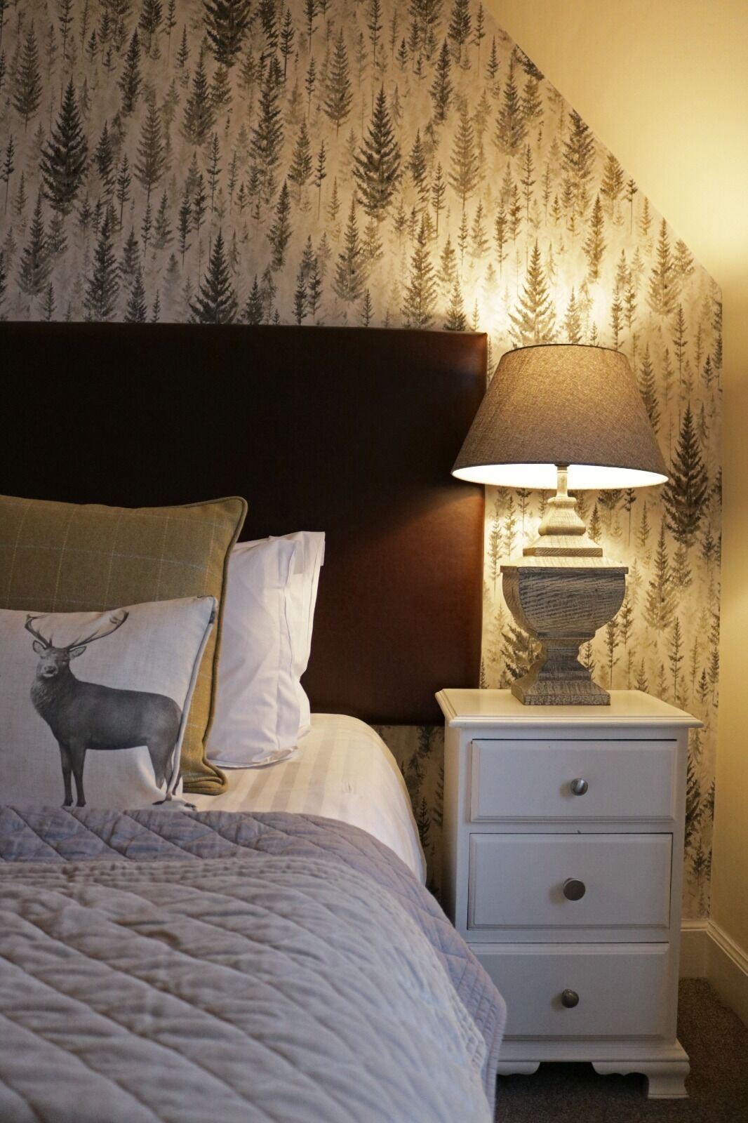A bedroom with a bed, a nightstand with a lamp, and a headboard.
